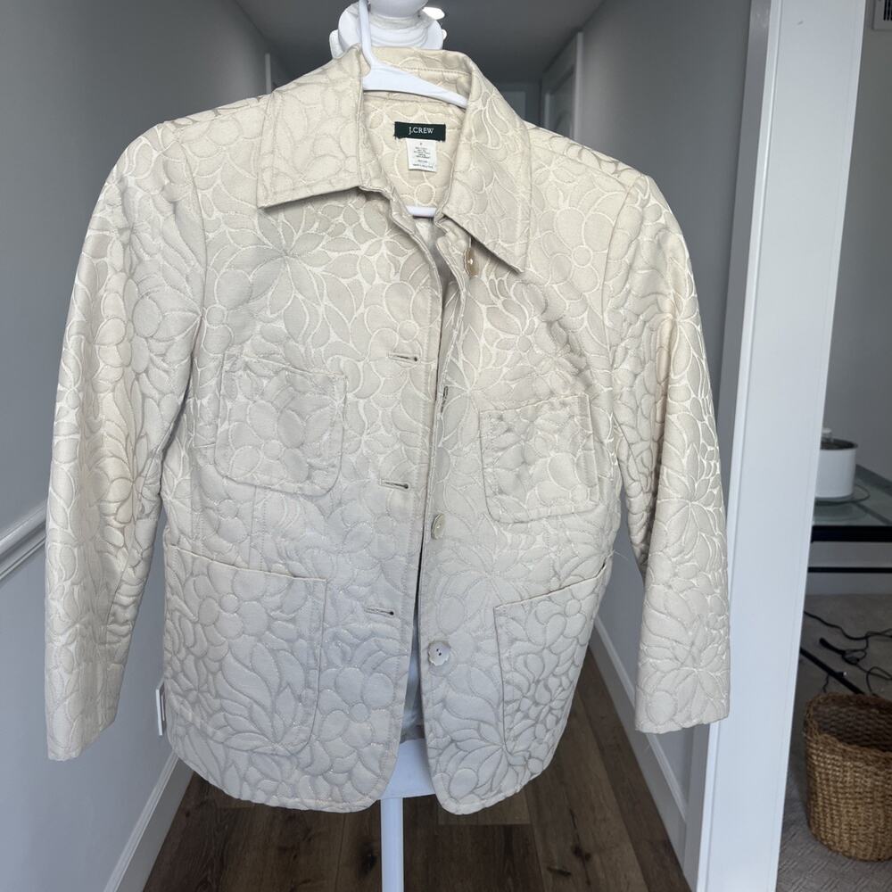 J. Crew Single Breasted Ivory Gold Floral Print Blazer Size 2 XS Crop Lined Silk